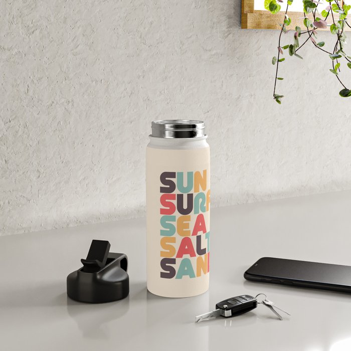 Sun Surf Sea Salt Sand Typography - Retro Rainbow Water Bottle Gallery Image 5