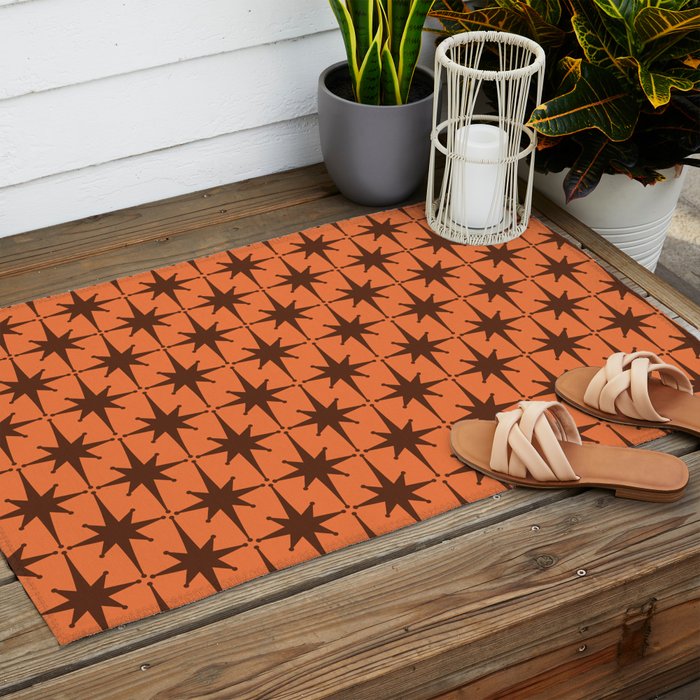 Midcentury Modern Atomic Starburst Pattern in Retro Orange and Brown  Outdoor Rug Gallery Image 2