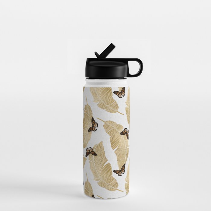 Butterfly & Palm Leaf, Gold Wall Art Water Bottle Gallery Image 1