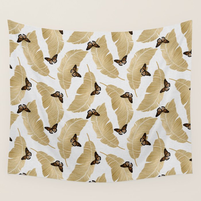 Butterfly & Palm Leaf, Gold Wall Art Wall Tapestry Gallery Image 4