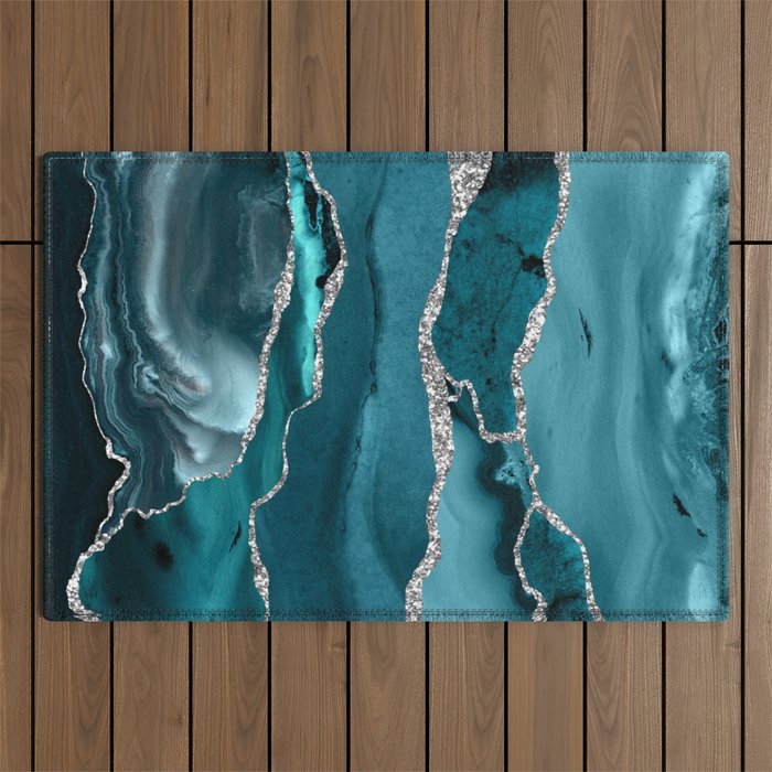 Glamour Turquoise Blue Bohemian Watercolor Marble With Silver Glitter Veins Outdoor Rug Gallery Image 1