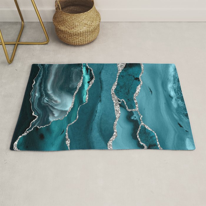 Glamour Turquoise Blue Bohemian Watercolor Marble With Silver Glitter Veins Rug Gallery Image 1