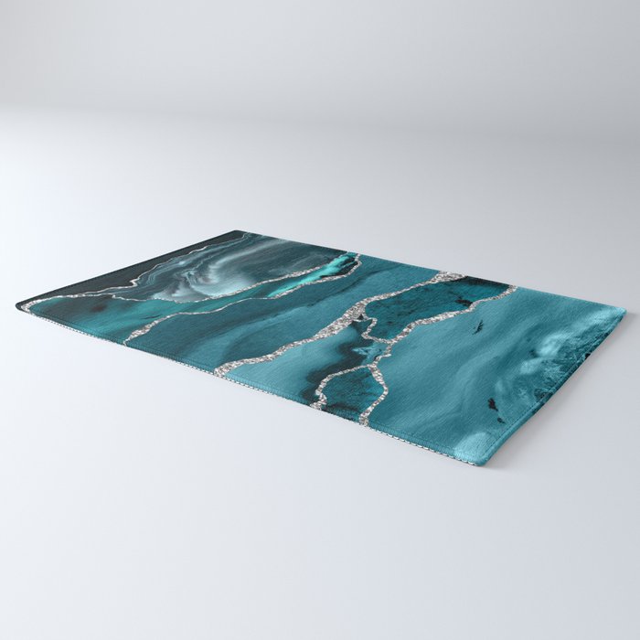 Glamour Turquoise Blue Bohemian Watercolor Marble With Silver Glitter Veins Rug Gallery Image 3