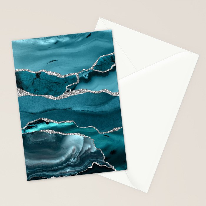 Glamour Turquoise Blue Bohemian Watercolor Marble With Silver Glitter Veins Stationery Card Gallery Image 2