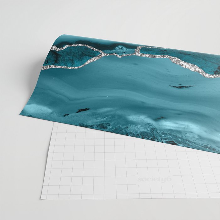 Glamour Turquoise Blue Bohemian Watercolor Marble With Silver Glitter Veins Wrapping Paper Gallery Image 2