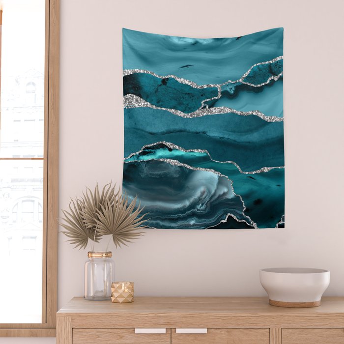 Glamour Turquoise Blue Bohemian Watercolor Marble With Silver Glitter Veins Wall Tapestry Gallery Image 2