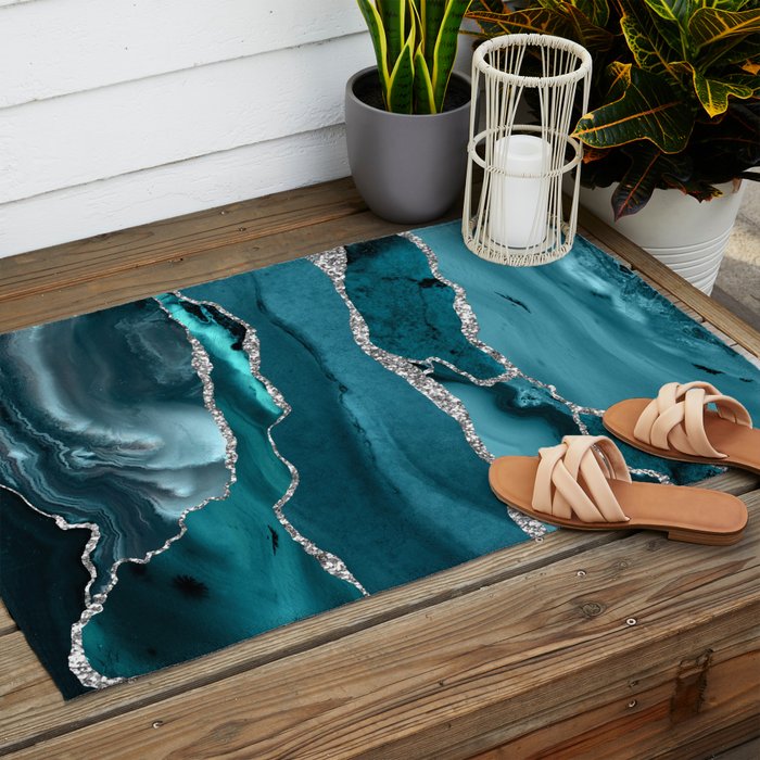 Glamour Turquoise Blue Bohemian Watercolor Marble With Silver Glitter Veins Outdoor Rug Gallery Image 2