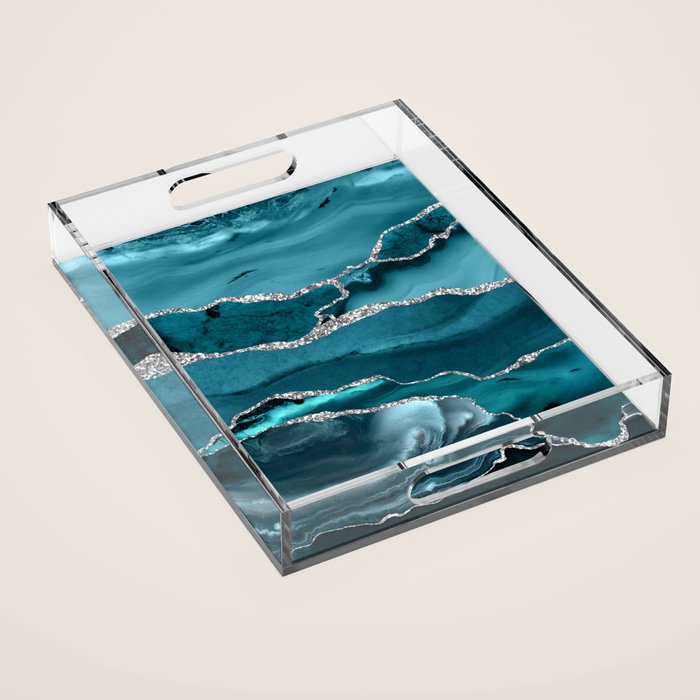 Glamour Turquoise Blue Bohemian Watercolor Marble With Silver Glitter Veins Acrylic Tray Gallery Image 1