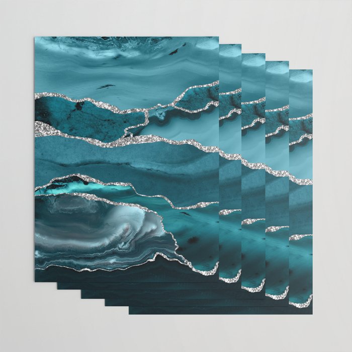 Glamour Turquoise Blue Bohemian Watercolor Marble With Silver Glitter Veins Wrapping Paper Gallery Image 3