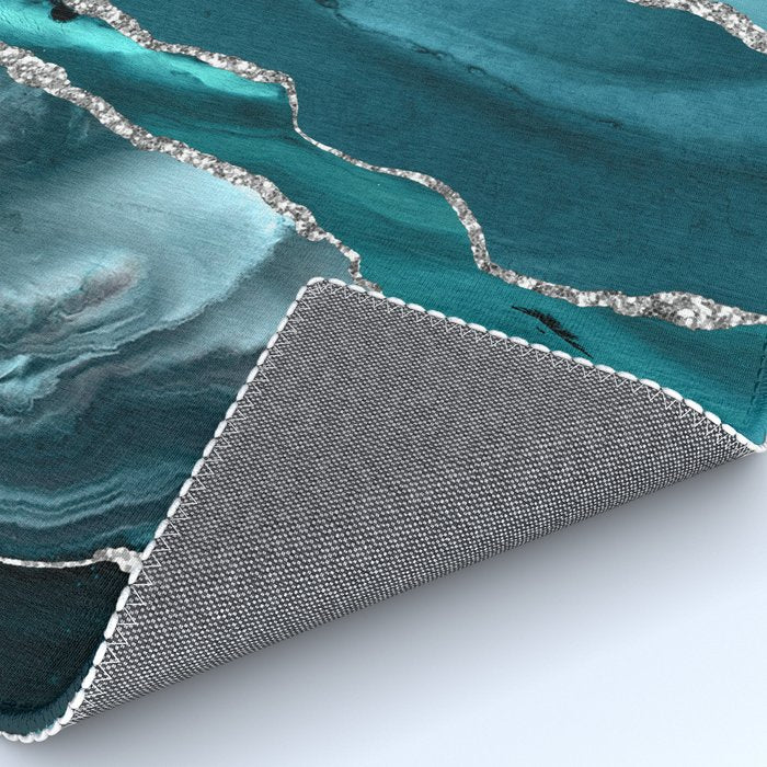 Glamour Turquoise Blue Bohemian Watercolor Marble With Silver Glitter Veins Rug Gallery Image 4