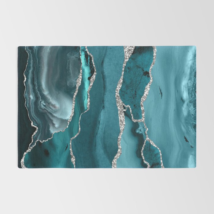 Glamour Turquoise Blue Bohemian Watercolor Marble With Silver Glitter Veins Rug Gallery Image 2
