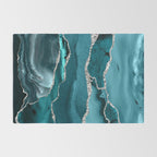 Glamour Turquoise Blue Bohemian Watercolor Marble With Silver Glitter Veins Rug Gallery Image 2