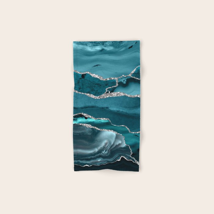 Glamour Turquoise Blue Bohemian Watercolor Marble With Silver Glitter Veins Bath Towel Gallery Image 1