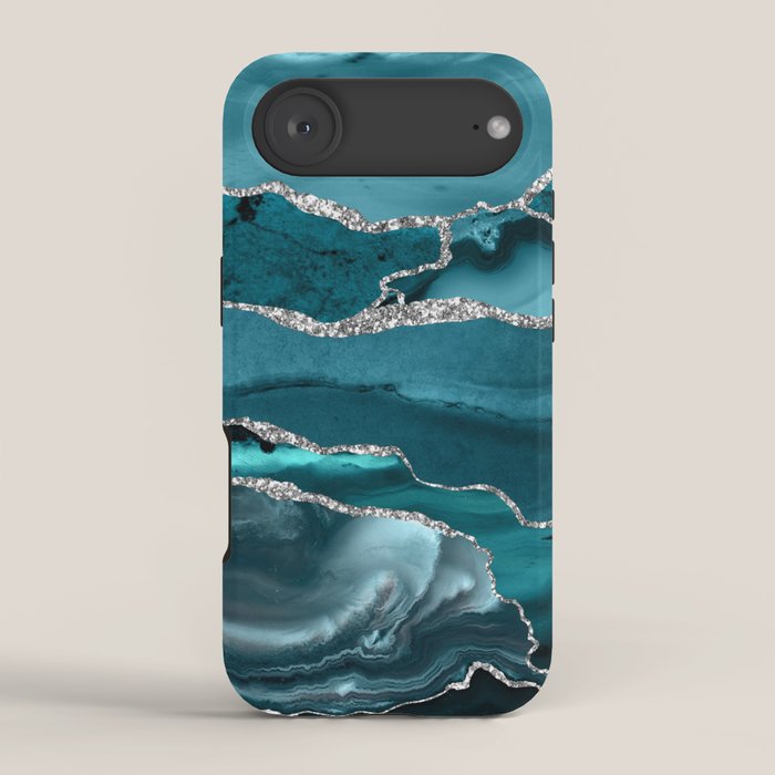 Glamour Turquoise Blue Bohemian Watercolor Marble With Silver Glitter Veins iPhone Case Gallery Image 2