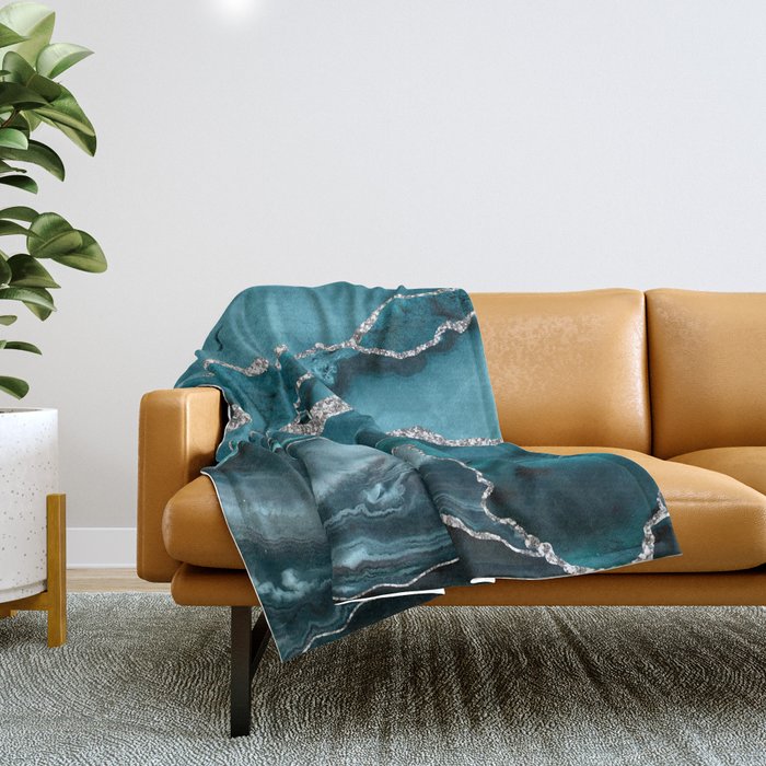 Glamour Turquoise Blue Bohemian Watercolor Marble With Silver Glitter Veins Throw Blanket Gallery Image 1