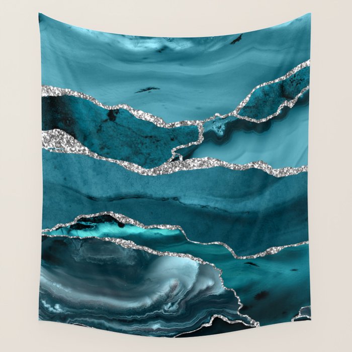 Glamour Turquoise Blue Bohemian Watercolor Marble With Silver Glitter Veins Wall Tapestry Gallery Image 4