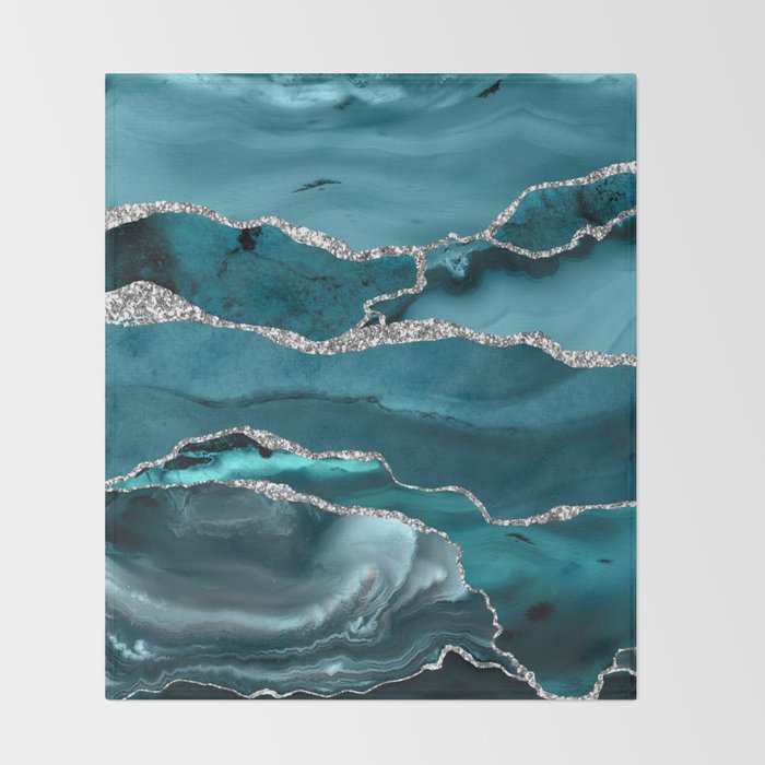 Glamour Turquoise Blue Bohemian Watercolor Marble With Silver Glitter Veins Throw Blanket Gallery Image 2