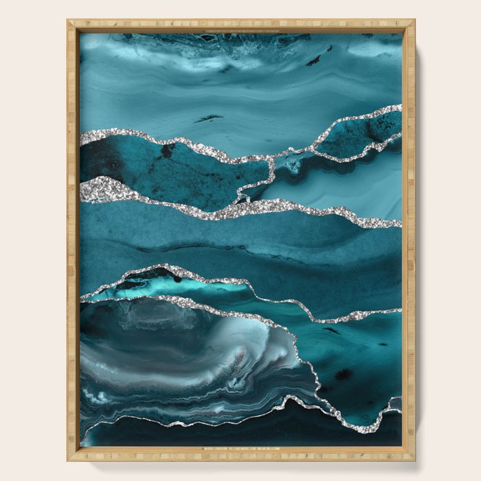 Glamour Turquoise Blue Bohemian Watercolor Marble With Silver Glitter Veins Serving Tray Gallery Image 1