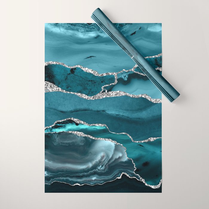 Glamour Turquoise Blue Bohemian Watercolor Marble With Silver Glitter Veins Wrapping Paper Gallery Image 1