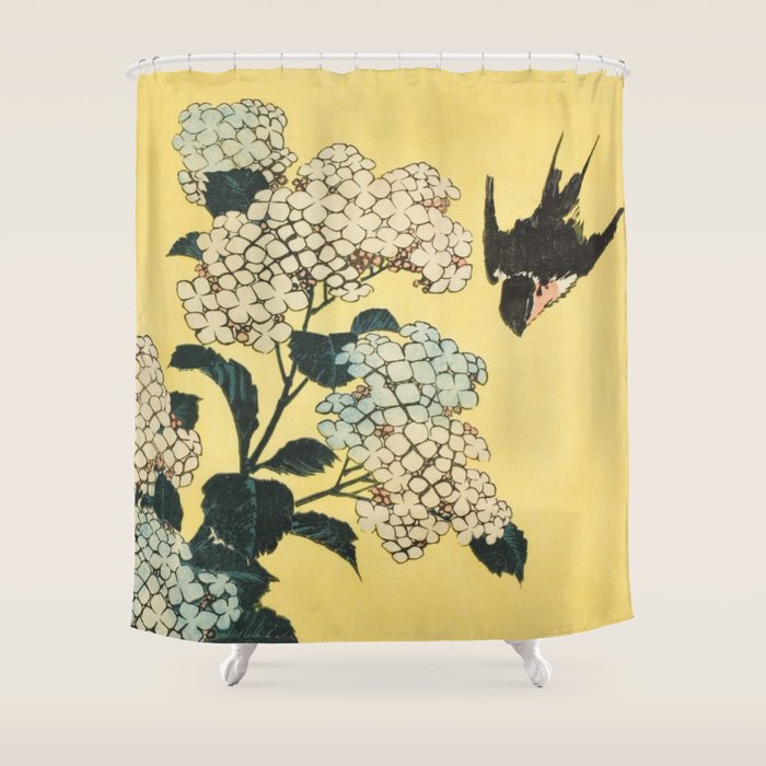 Hydrangea and Swallow by Katsushia Hokusai Shower Curtain Gallery Image 1