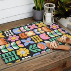 Retro Folk & Floral Colorful Pastel Flower Grid Black Outdoor Rug Gallery Image 2