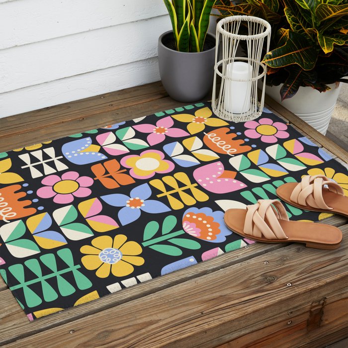 Retro Folk & Floral Colorful Pastel Flower Grid Black Outdoor Rug Gallery Image 2