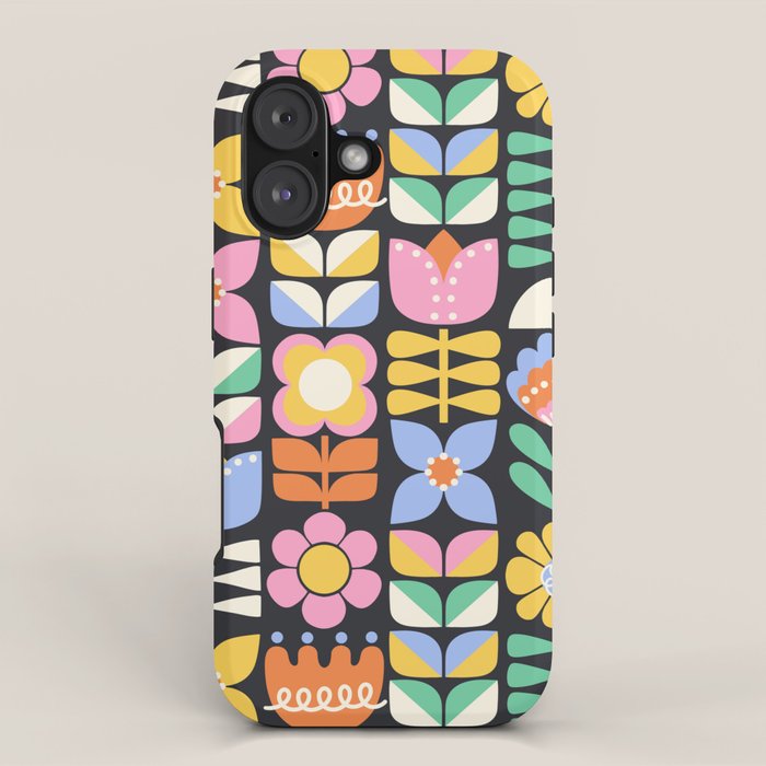 Retro Folk & Floral Colorful Pastel Flower Grid Black iPhone Case Gallery Image 1