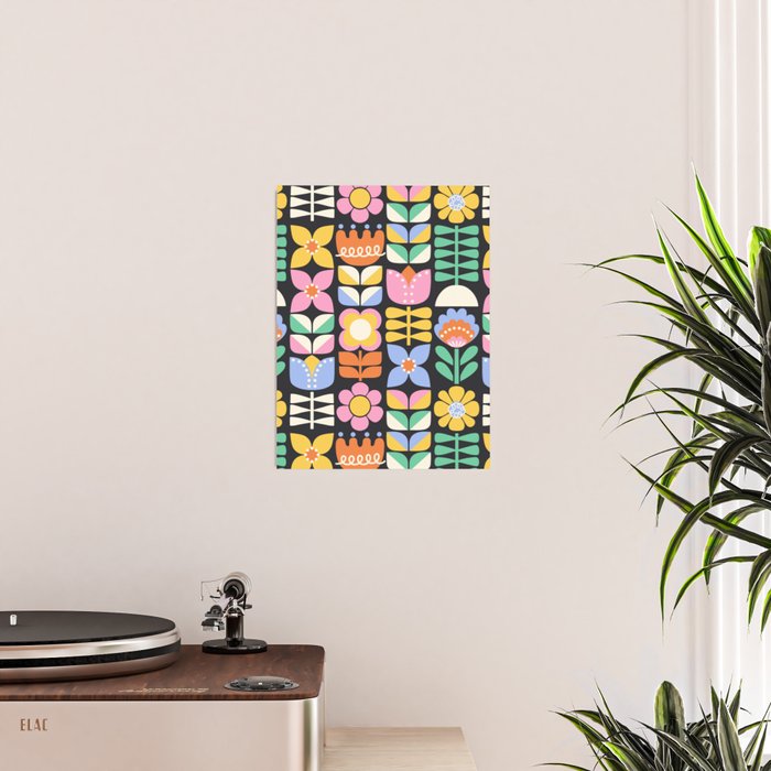 Retro Folk & Floral Colorful Pastel Flower Grid Black Poster Gallery Image 2