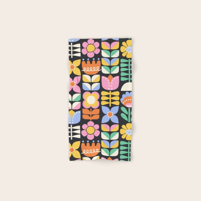Retro Folk & Floral Colorful Pastel Flower Grid Black Bath Towel Gallery Image 1