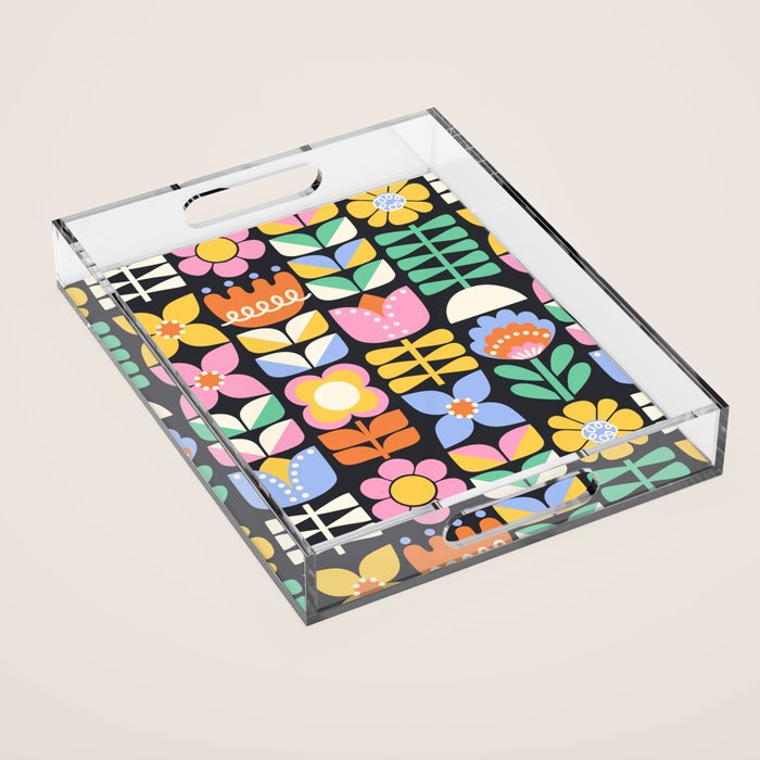 Retro Folk & Floral Colorful Pastel Flower Grid Black Acrylic Tray Gallery Image 1