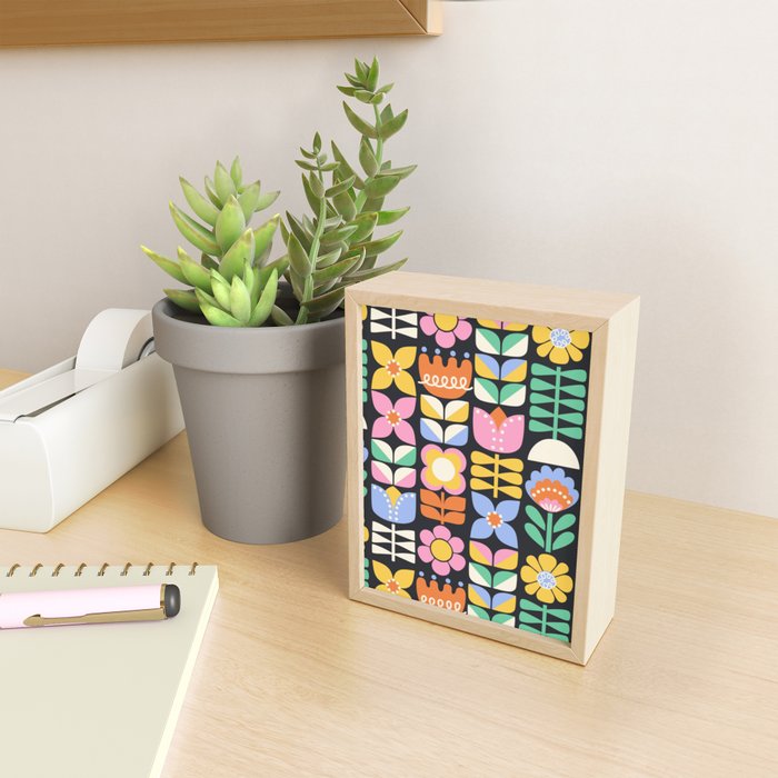 Retro Folk & Floral Colorful Pastel Flower Grid Black Mini Art Print Gallery Image 2