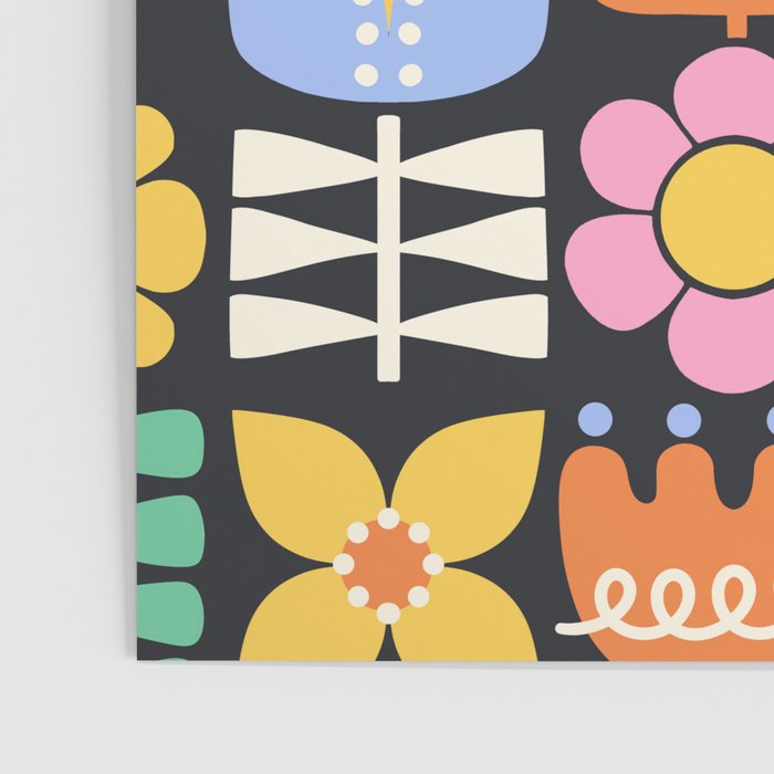 Retro Folk & Floral Colorful Pastel Flower Grid Black Poster Gallery Image 3