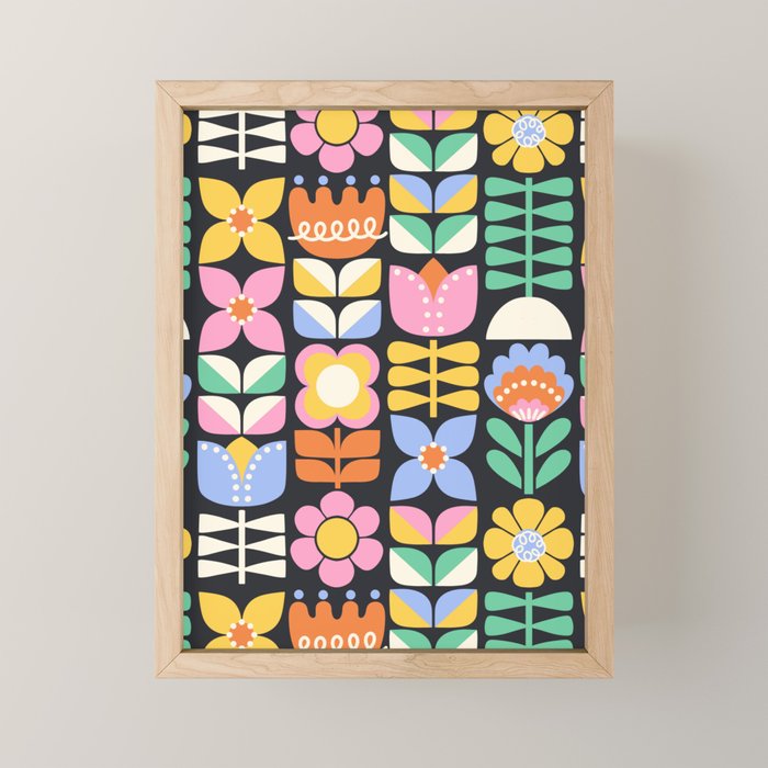 Retro Folk & Floral Colorful Pastel Flower Grid Black Mini Art Print Gallery Image 1