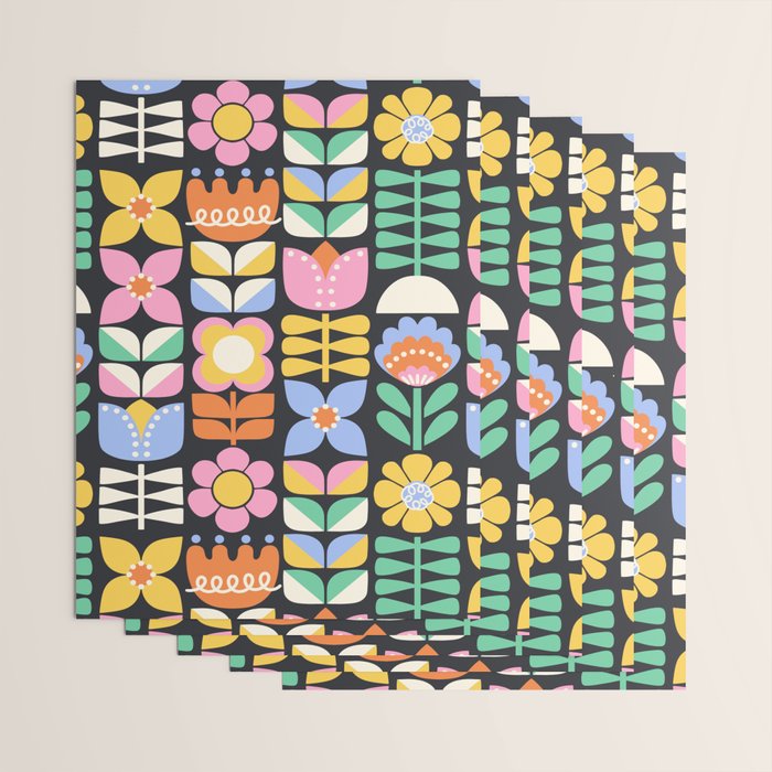 Retro Folk & Floral Colorful Pastel Flower Grid Black Wrapping Paper Gallery Image 3