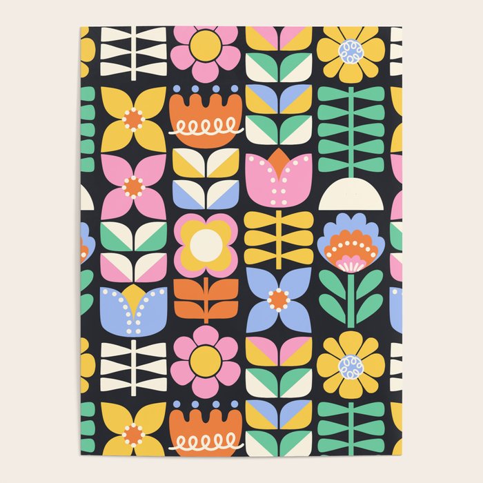 Retro Folk & Floral Colorful Pastel Flower Grid Black Poster Gallery Image 1