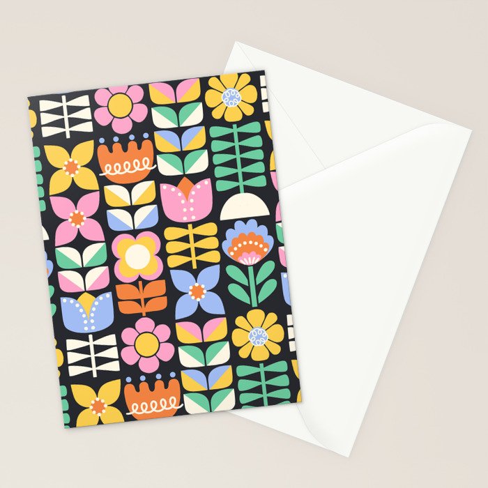 Retro Folk & Floral Colorful Pastel Flower Grid Black Stationery Card Gallery Image 2