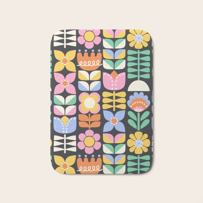 Retro Folk & Floral Colorful Pastel Flower Grid Black Bath Mat Gallery Image 1