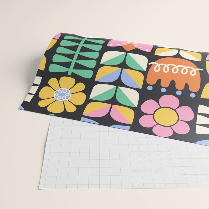 Retro Folk & Floral Colorful Pastel Flower Grid Black Wrapping Paper Gallery Image 2