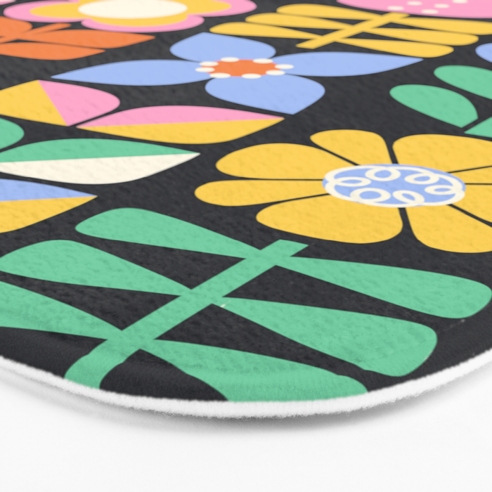 Retro Folk & Floral Colorful Pastel Flower Grid Black Bath Mat Gallery Image 3