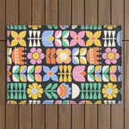 Retro Folk & Floral Colorful Pastel Flower Grid Black Outdoor Rug Gallery Image 1