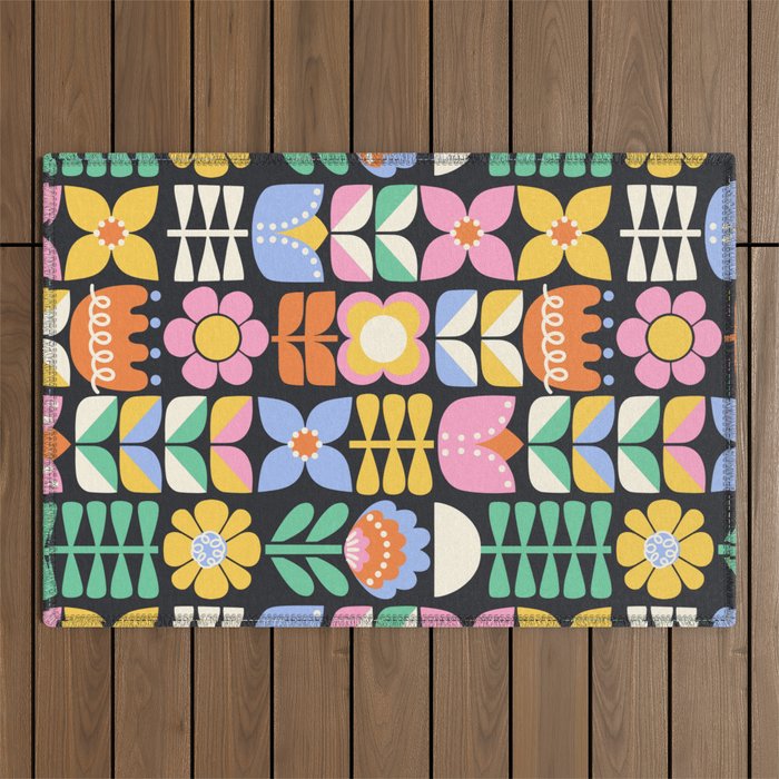 Retro Folk & Floral Colorful Pastel Flower Grid Black Outdoor Rug Gallery Image 1
