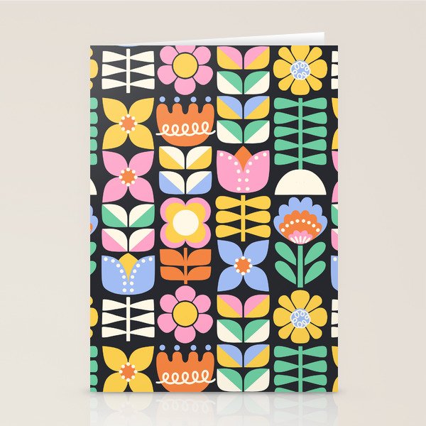 Retro Folk & Floral Colorful Pastel Flower Grid Black Stationery Card Gallery Image 1