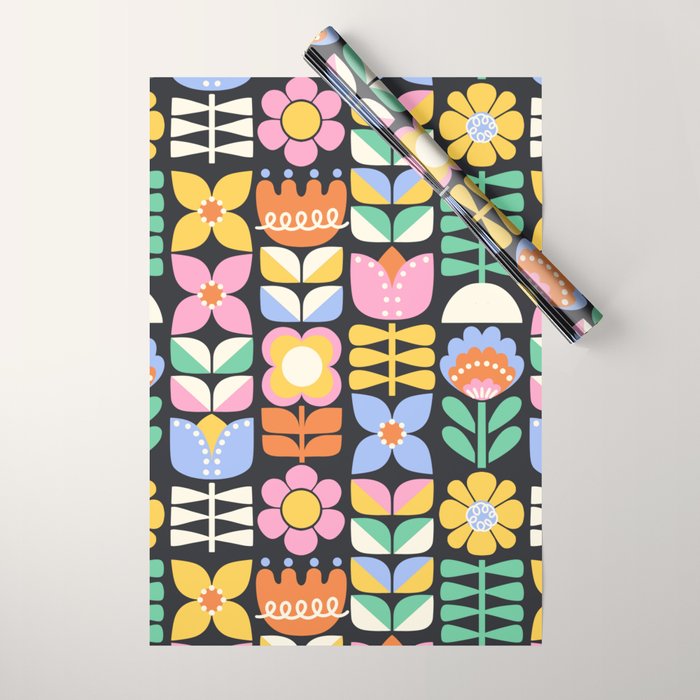Retro Folk & Floral Colorful Pastel Flower Grid Black Wrapping Paper Gallery Image 1