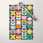 Retro Folk & Floral Colorful Pastel Flower Grid Black Wrapping Paper Gallery Image 1