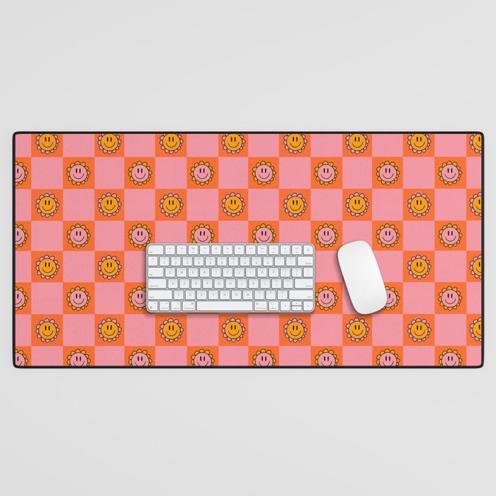 Orange Pink Smiley Checkerboard Print Desk Mat Gallery Image 1