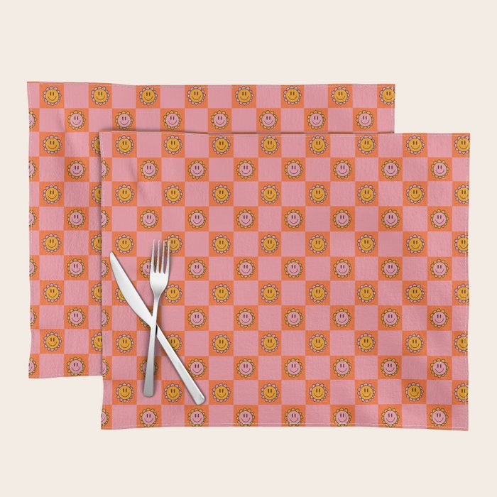 Orange Pink Smiley Checkerboard Print Placemat Gallery Image 1