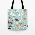 Cute Dogs on Aqua Blue, Dogs and Flowers, Pet Painting, Cute Animals, Golden Retriever, Dachshund, Corgi, Bulldog, Dalmation Tote Bag Gallery Image 1
