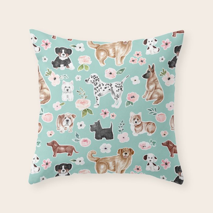 Cute Dogs on Aqua Blue, Dogs and Flowers, Pet Painting, Cute Animals, Golden Retriever, Dachshund, Corgi, Bulldog, Dalmation Throw Pillow Gallery Image 6