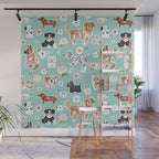 Cute Dogs on Aqua Blue, Dogs and Flowers, Pet Painting, Cute Animals, Golden Retriever, Dachshund, Corgi, Bulldog, Dalmation Wall Mural Gallery Image 1