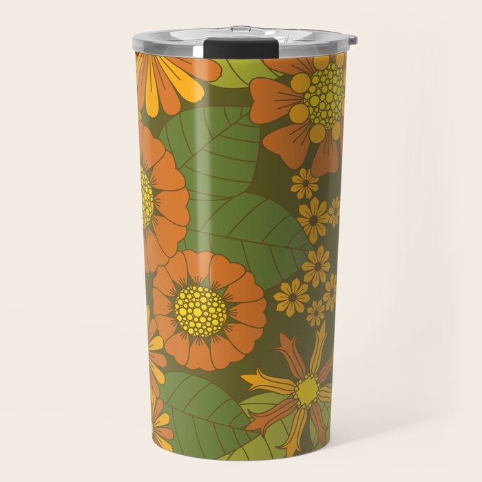 Orange, Brown, Yellow and Green Retro Daisy Pattern Travel Mug Gallery Image 1